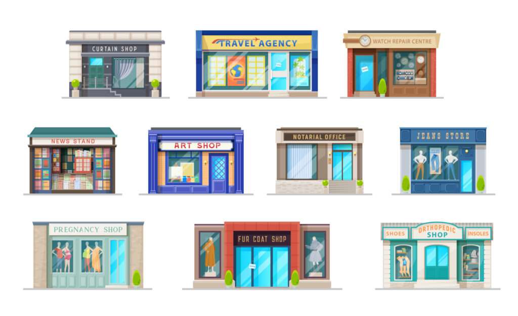 store or shop buildings with storefront windows 23486396