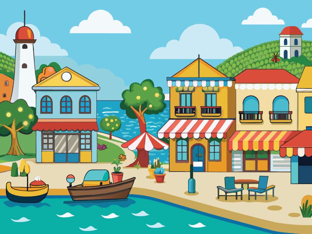 Vecteezy acharming seaside town with quaint shops and cafes illustration 61430168