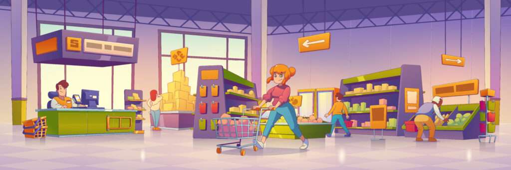 Vecteezy supermarket with customers shelves with food 18742727