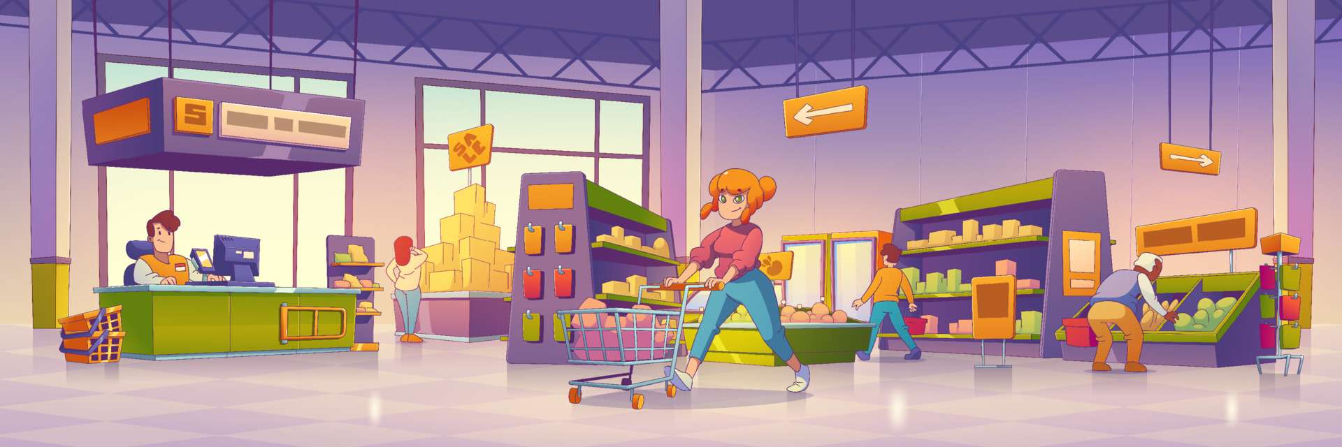 Clean supermarket with customers shelves with food