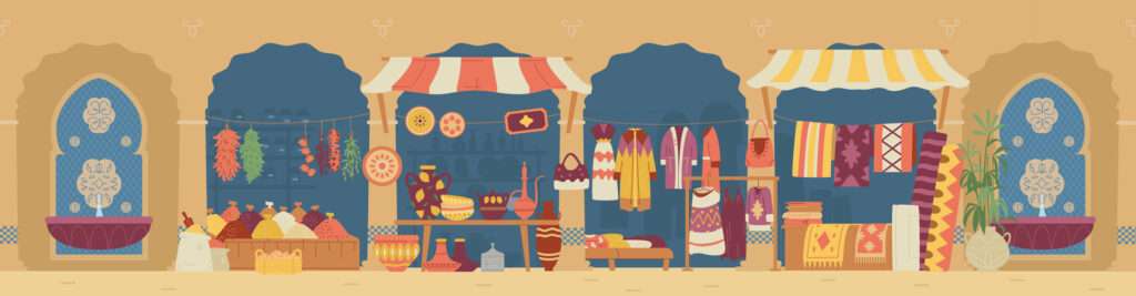 Vecteezy arabian street market with pottery carpets clothes and