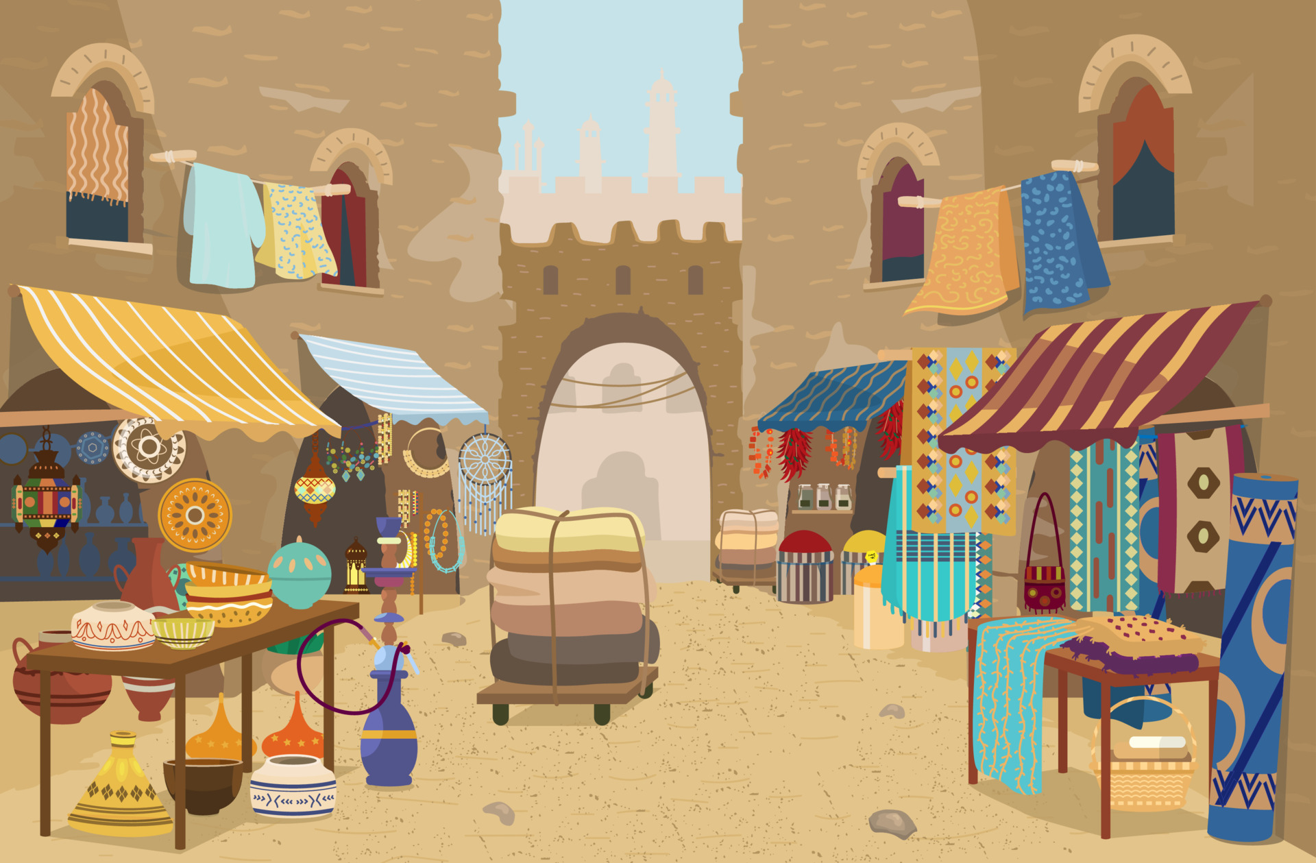 street market with pottery carpets clothes